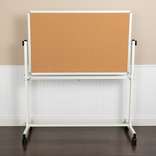 53"W x 59"H Reversible Mobile Cork Bulletin Board and White Board with