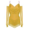 thumbnail image 3 of TTAO Women's Ruched Mesh Latin Dance Leotard Dress Tassel Rumba Jazz Dance Bodysuit Top with Gloves Yellow XXL, 3 of 7