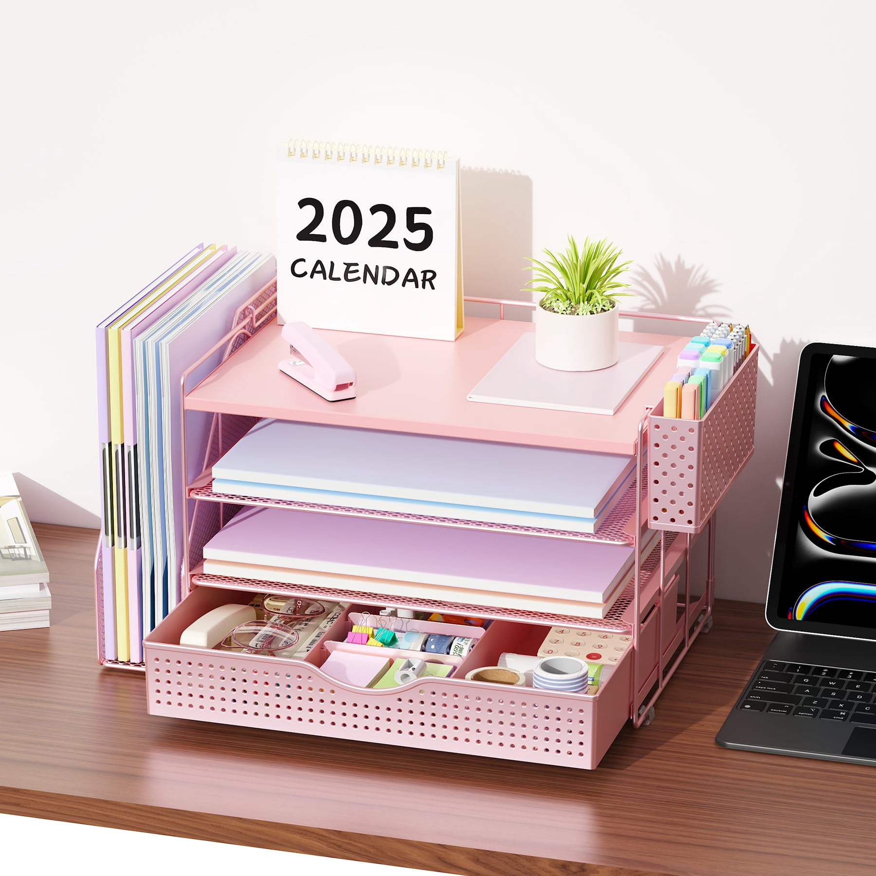 Wood Desk Organizers And Accessories With File Holder  4-tier & Workspace Drawer Pen Paper Organizer For Office Supplies (pink)