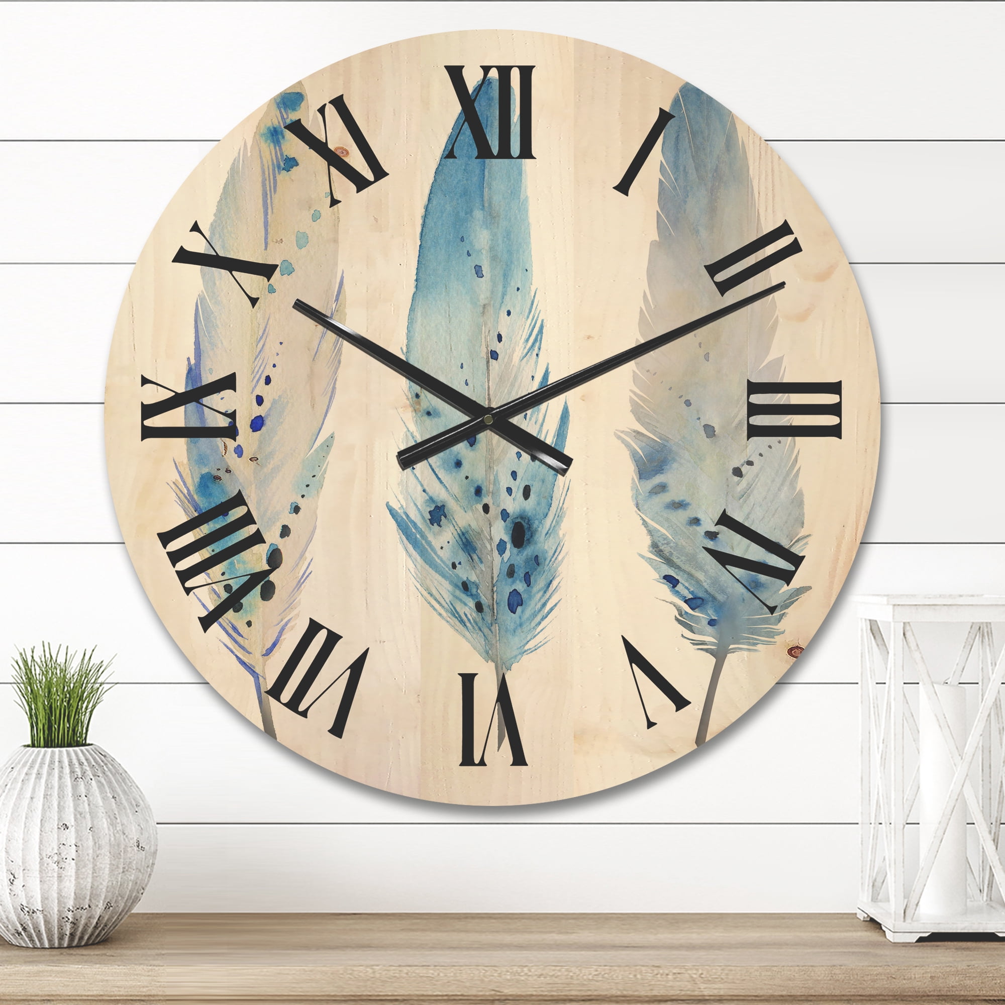 Designart 'Abstract Blue Boho Feathers II' Lake House Wood Wall Clock