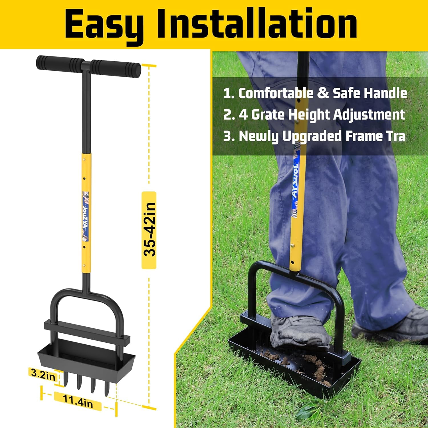 JouZYA 4-Tine Manual Lawn Aerator with Soil Tray, Adjustable Coring Tool, 38"