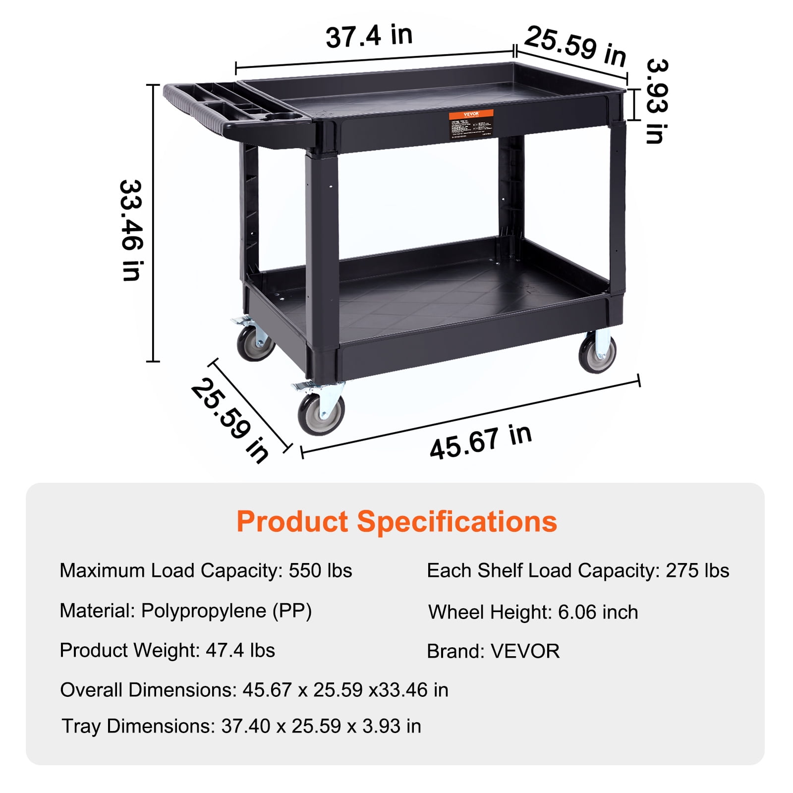 VEVOR Plastic Service Utility Cart, Support up to 550lbs Capacity, Heavy Duty Tub Storage Cart W/Deep Shelves, Multipurpose Rolling Extra Large 2-Tier Mobile Storage Organizer, for Warehouse Garage
