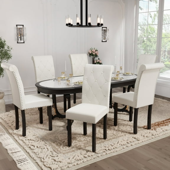 DONICK Rolled-Up High-Back Upholstered Dining Chairs With Tufted Solid Wood Legs Nailhead Trim For Home,Restaurant,Dining Room(Beige,Set of 6)
