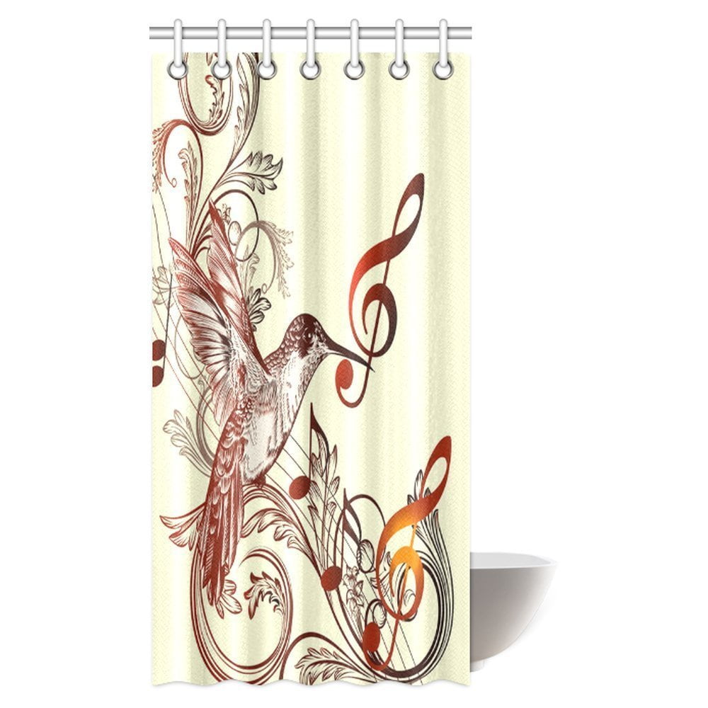 MYPOP Hummingbirds Shower Curtain, Flying Bird and Music Notes Fabric Shower Curtain Set with