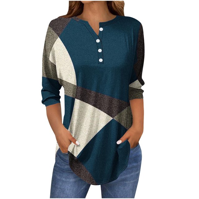 SwiftWear Blouse for Women Trendy 3/4 V-Neck Button Tops Summer Geometric Patterns Casual Tees 2025