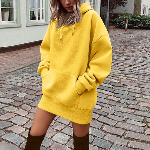 Karymi Spring Dresses for Women Casual Solid Hooded Sweatshirt Dress, Drop Shoulder Long Sleeve Front Kangaroo Pocket Oversized Mini Hoodie Dress