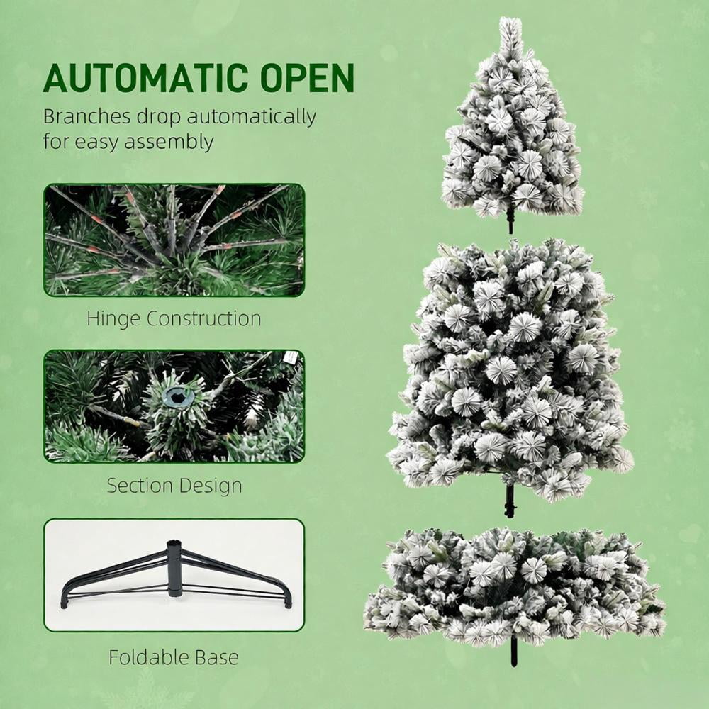 7.5ft Prelit Snow Flocked Christmas Tree with 500 Clear Lights 1530 Tips Auto-Open Branches Indoor Decor
