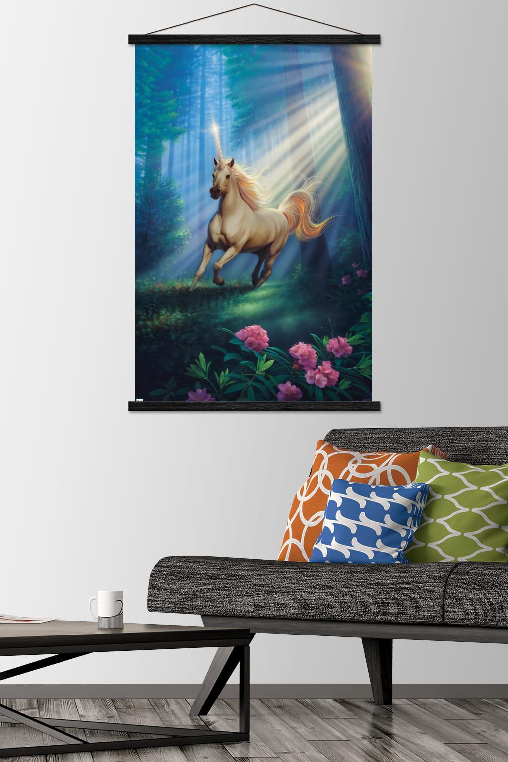 Kirk Reinert - Secret Forest Unicorn Wall Poster with Wooden Magnetic Frame, 22.375" x 34"