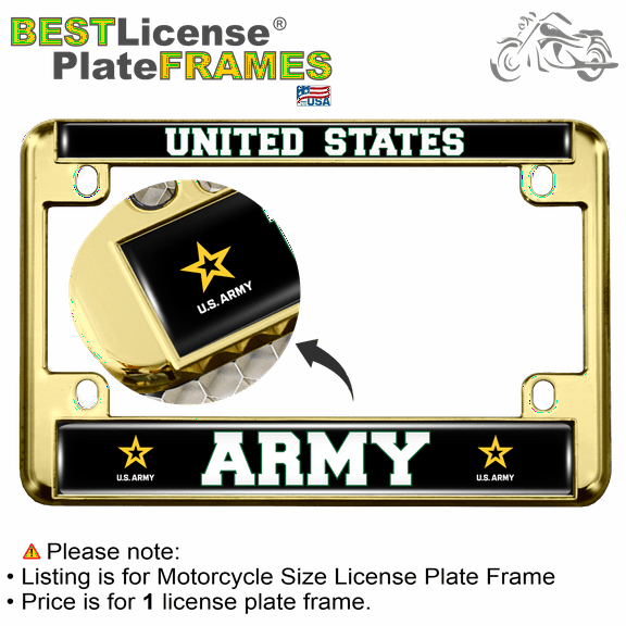 [Officially Licensed U.S. Army Product] - US Army with Star Logo Design - Motorcycle Domed Custom-Made Personalized Metal License Plate Frame Frame - Gold