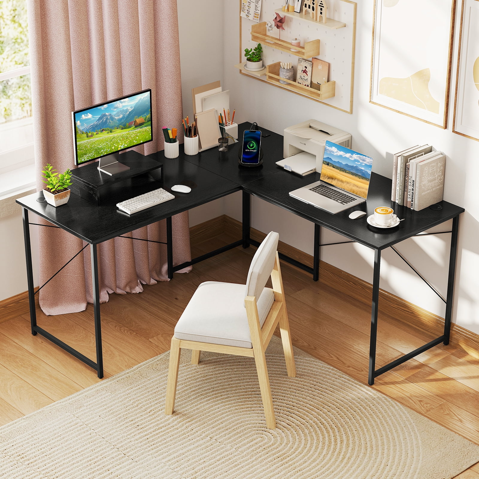 Gymax L-Shaped Reversible Computer Desk 2-Person Long Table w/Monitor Stand Black
