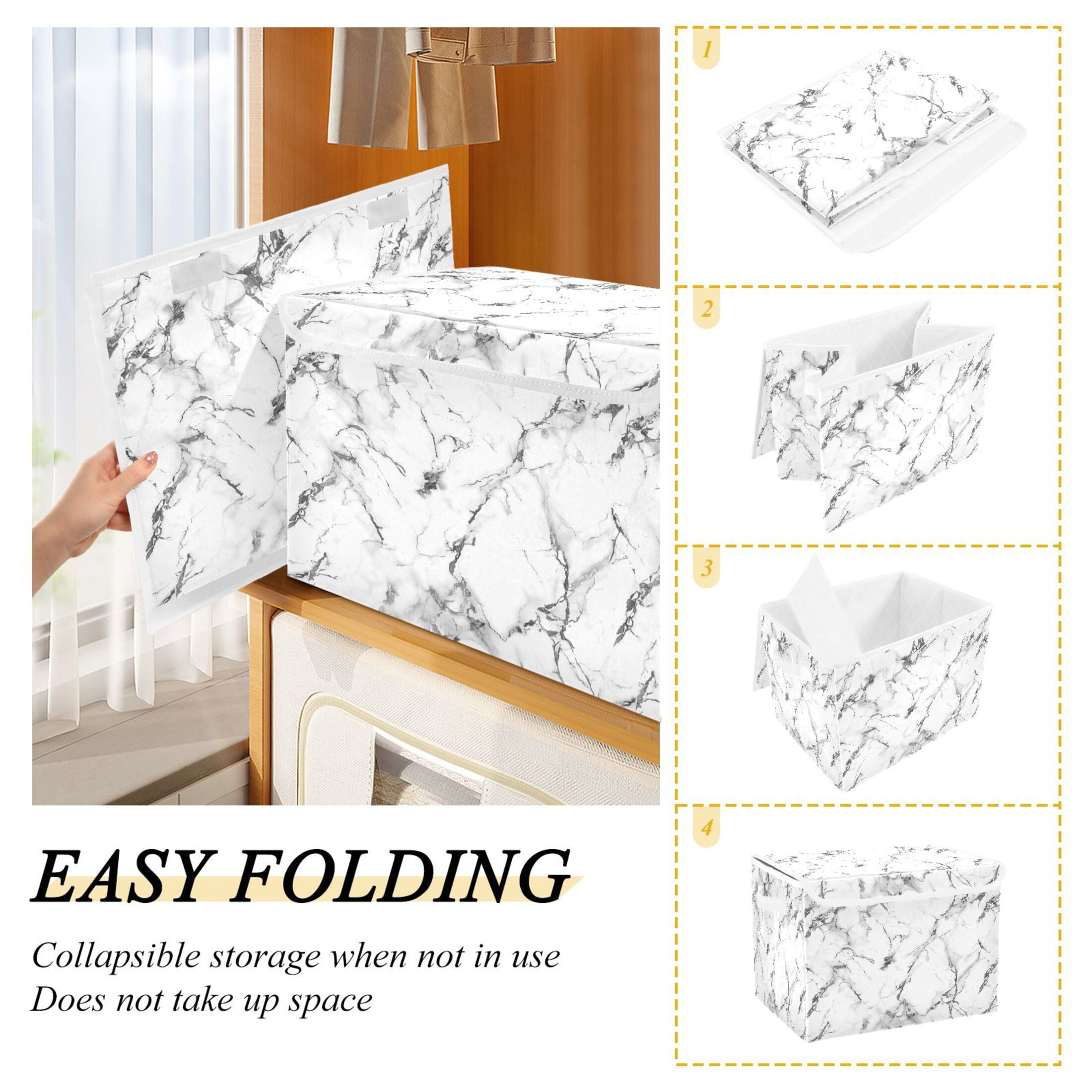 Ryvnso White Marble Large Lidded Foldable Storage Baskets Cubes Boxes Lids Bin for Home