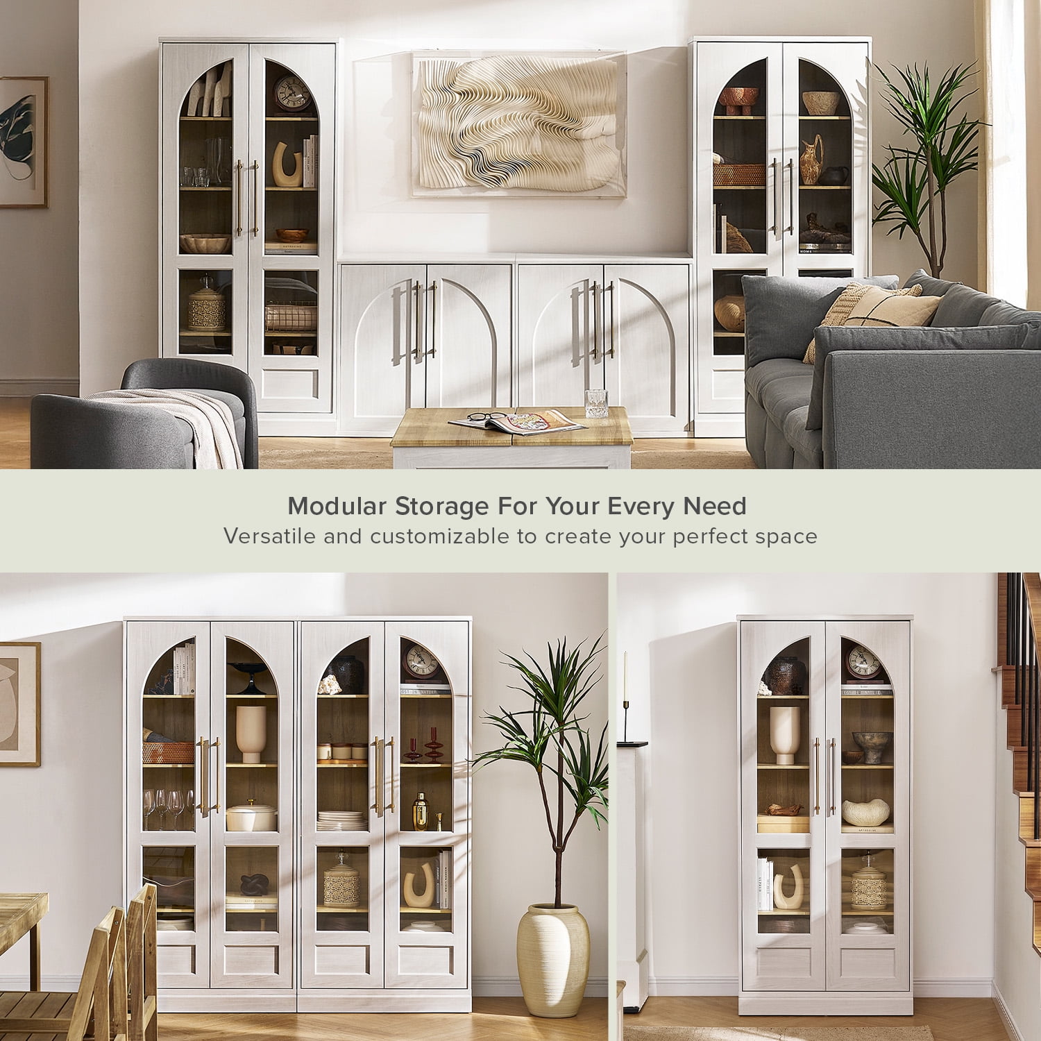Mopio Blake Tall Display Cabinet, Kitchen Buffet Pantry Cabinet, Trophy Display Case, Storage Cabinet Scratch Resistant Acrylic, Modern Farmhouse Curio Cabinet with Doors & Shelves (Arched, White)