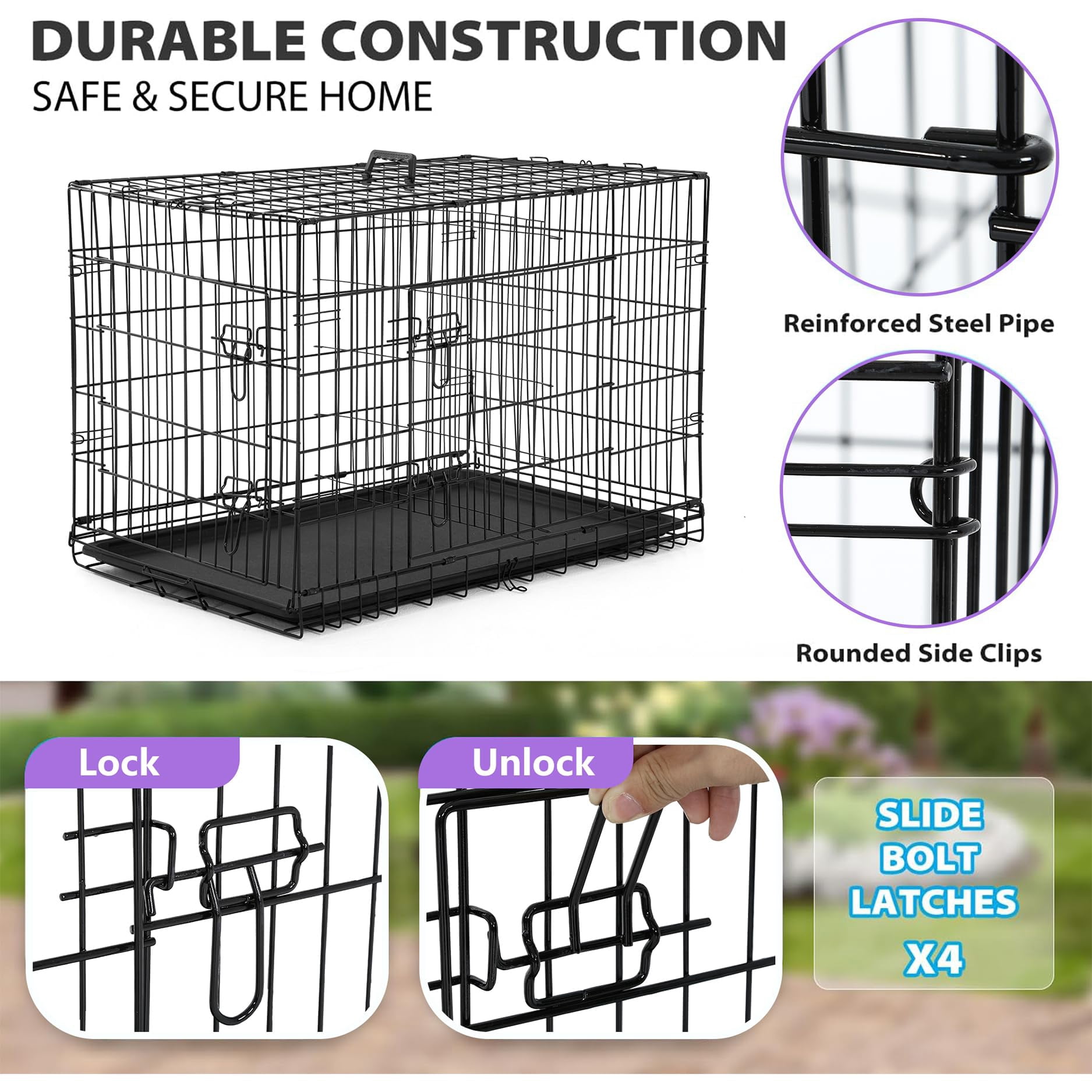 BORGEBY 48 Inch Dog Crates for Large Dogs Folding Metal Wire Crates Dog Kennels Outdoor and Indoor Pet Dog Cage Crate with Double-Door,Black