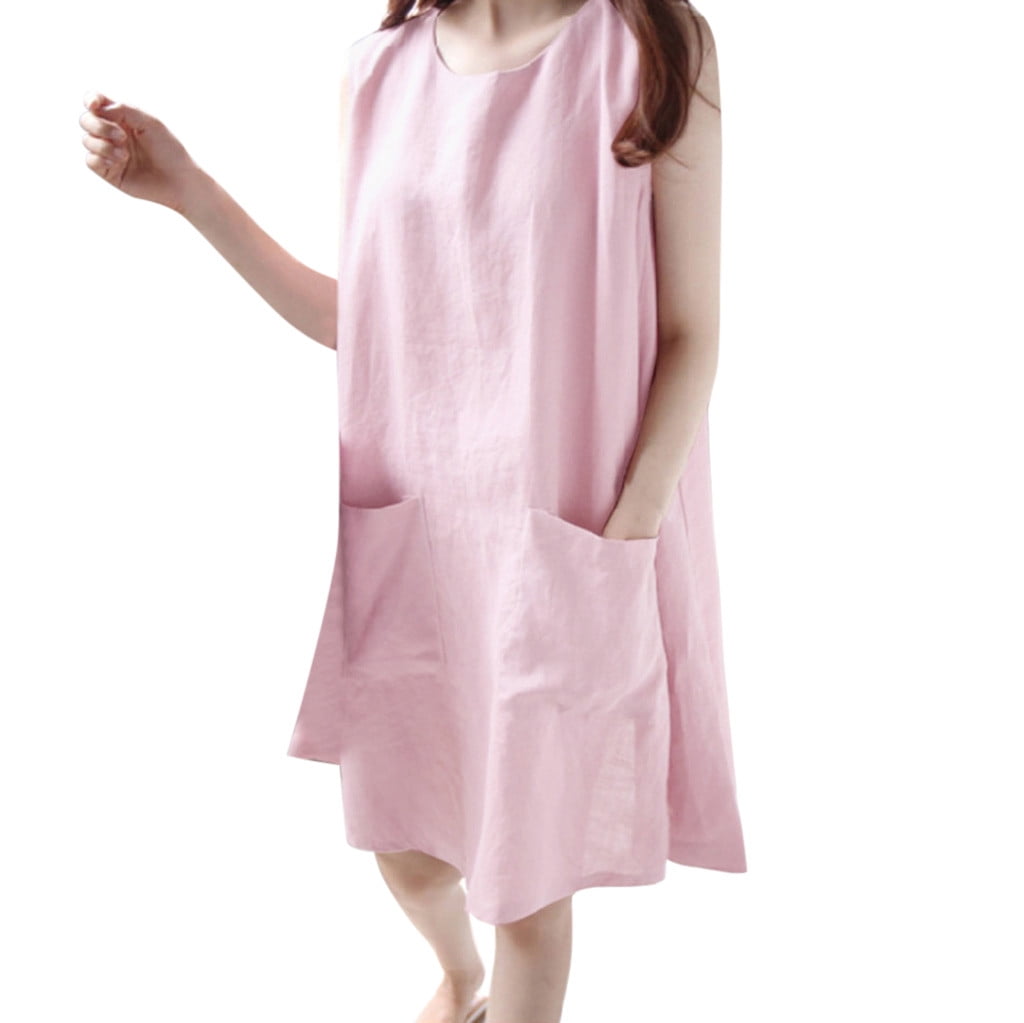Mimfor Women O-Neckline Solid Dress Sleeveless Loose Casual Pocket Mini Linen Dress 