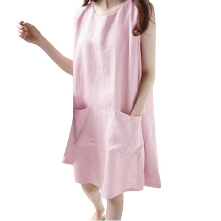 

Fashion Women O-neck Sleeveless Solid Loose Pockets Cotton Linen Casual Bohemian dress