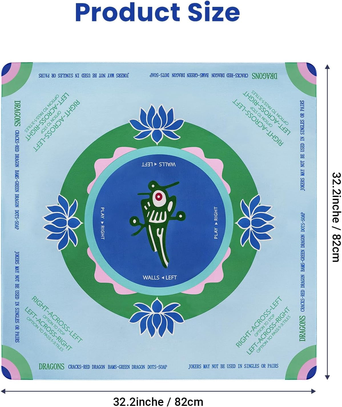 Mahjong Mat with Rules, 32.2 Inch Square Mahjong Mats for Table, Noise Reduction Mah Jong Mat, Rubber Anti-Slip Base for Board Games, Tiles Game & Dominoes Green Chick