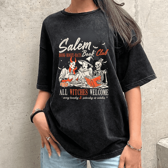 Witchy Book Club Print T-shirts Spooky Girl Reading Graphic Tees Book Lover Halloween Design Casual Tops Short Sleeve Cotton Acid Washed Shirts Black,S