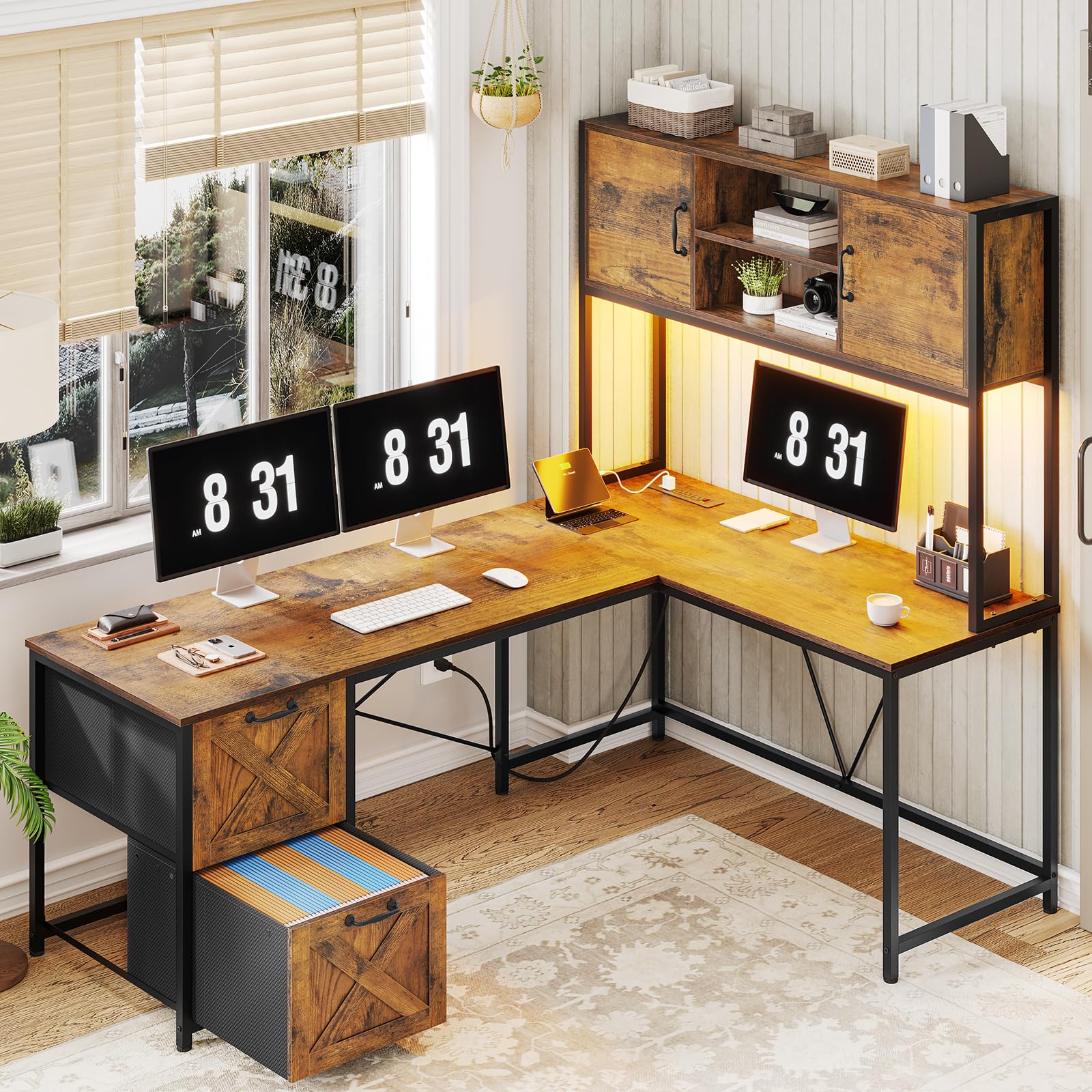 L Shaped Computer Desk 2 Drawers, Reversible Home Office Desk with Led Lights, Hutch and Storage Shelf