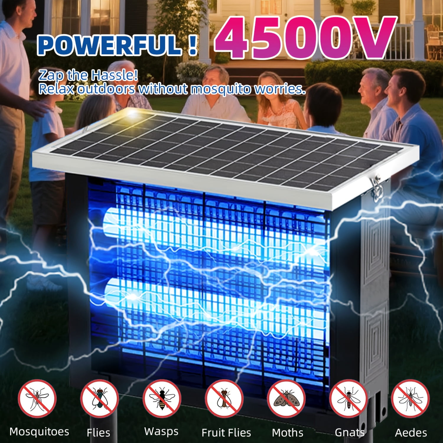 High-Efficiency Solar-Powered Outdoor Insect Zapper with Rechargeable Battery for Large Areas up to 2000 Square Feet, Portable Cordless Design for Patio Garden Backyard and Camping Use