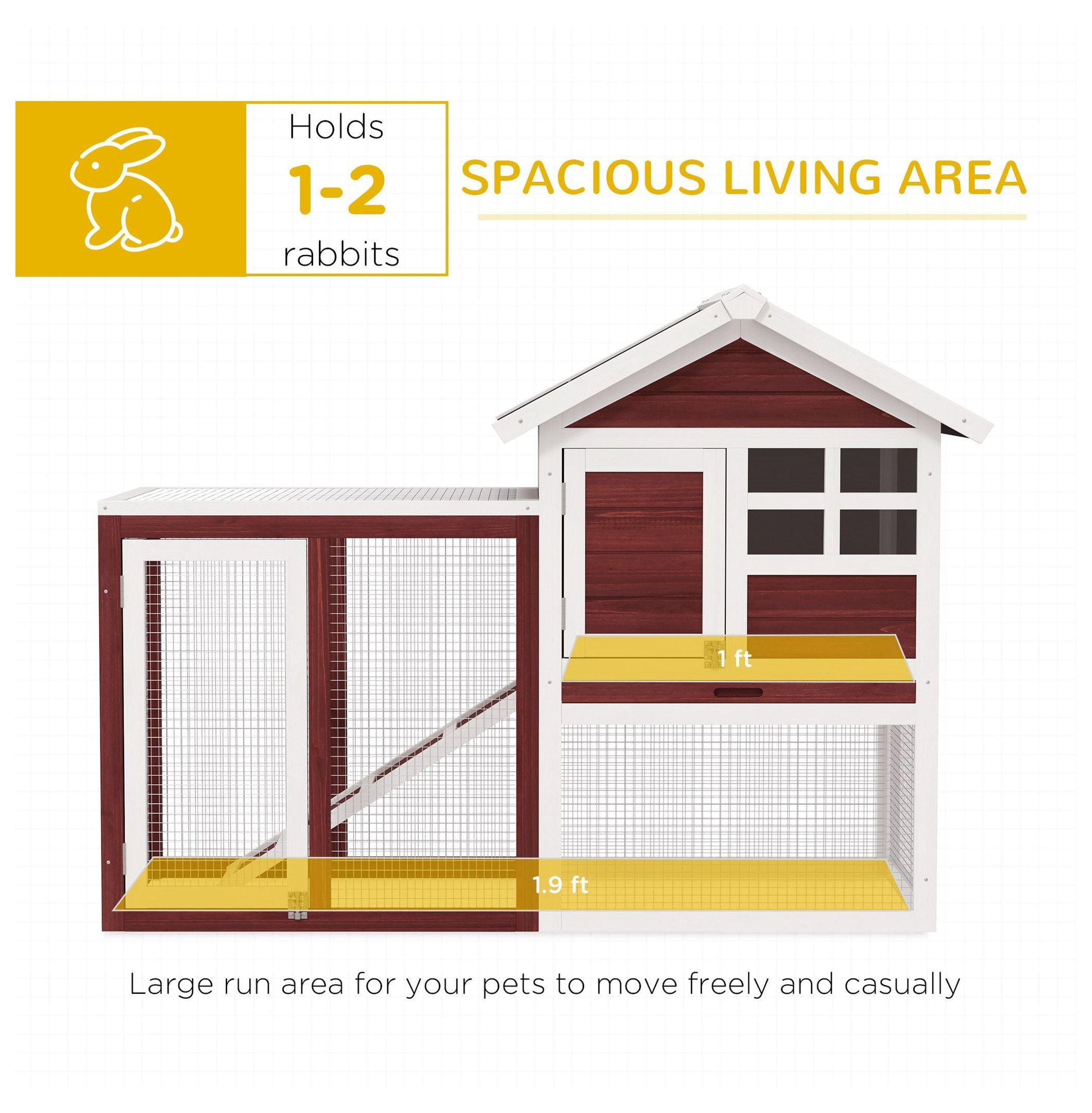 PawHut Large 48" Wooden Bunny Hutch with Weatherproof Asphalt Roof, Spacious Outdoor Rabbit Cage, Detachable Tray and Ramp, Natural Habitat, Brown