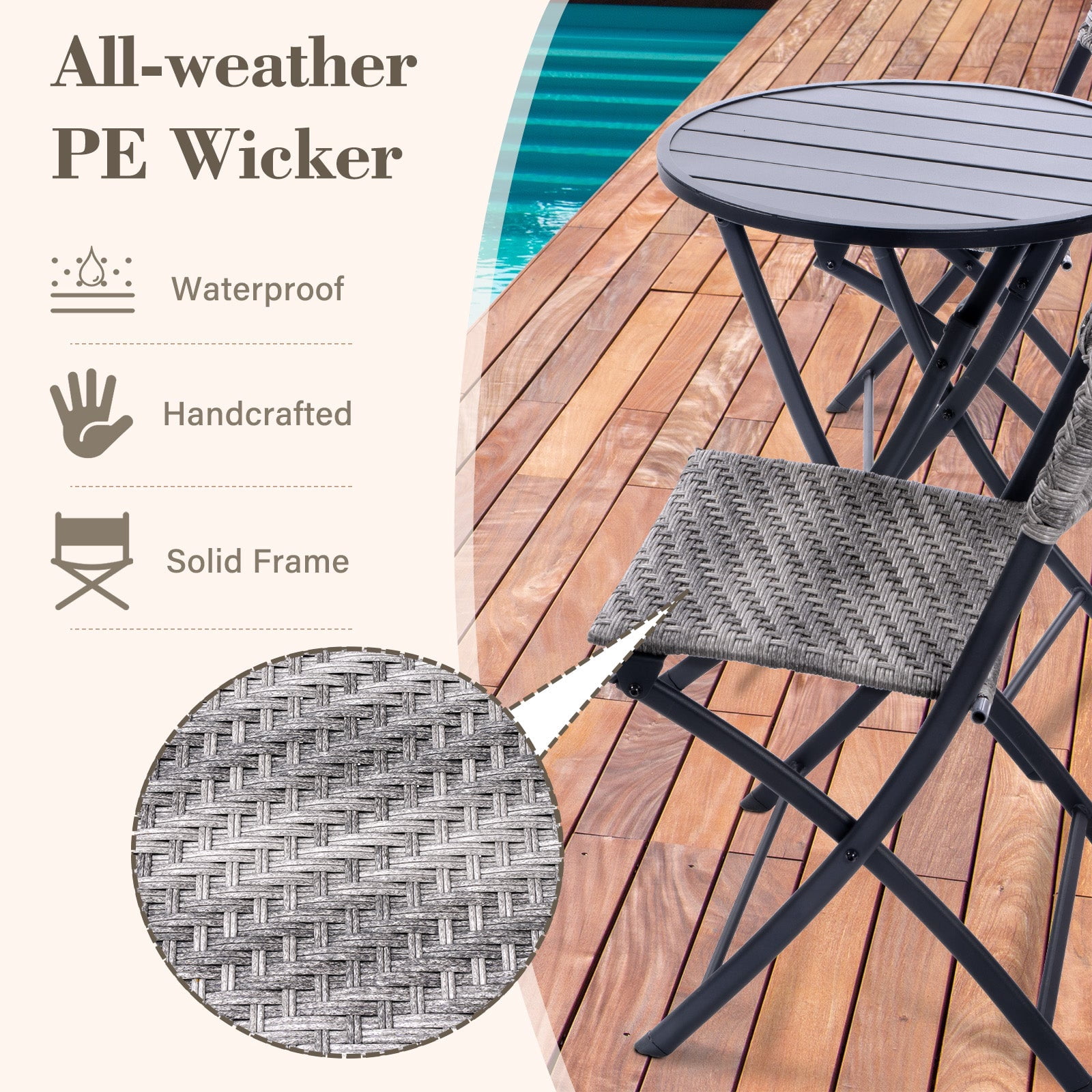 3 Piece Folding Outdoor Patio Bistro Set, Wicker Patio Furniture Sets with Table and Chairs for Garden, Backyard, Porch, Patio - Patio Conversation Set