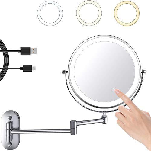 ZEPHBRA 8 LED Wall Mounted Makeup Mirror 3 Color Mode USB Charge Touch Screen Adjustable Light Double Sided 1X/5X Magnifying Vanity Mirror Swivel Extendable 