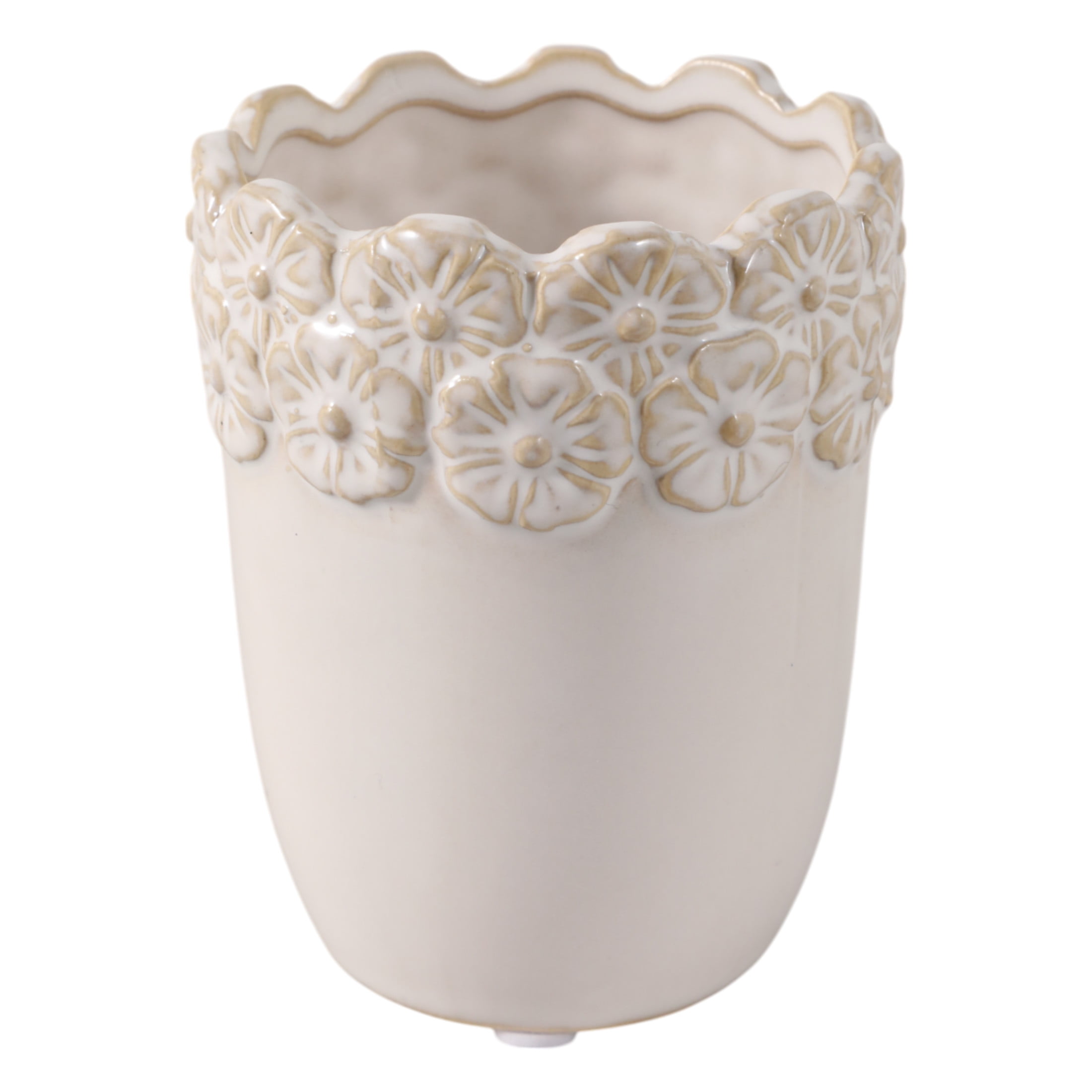 Flower and Scallop Border Ceramic Desk Organizer - Cute Desktop and Office Storage Organizer for Workspace Decor - Functional Small Desk Holder for Office Accessory and Home Decor - 5", Ivory
