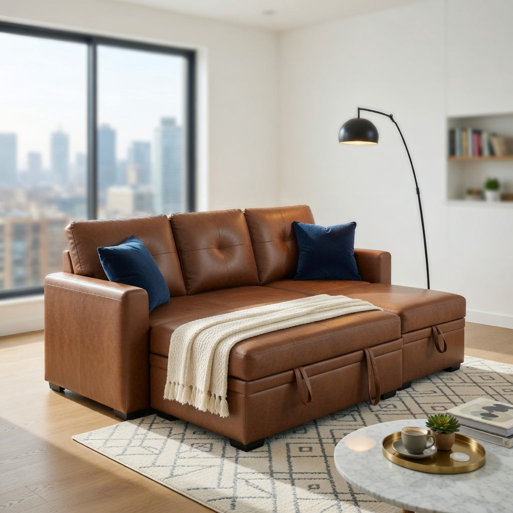 Hommoo Convertible Sectional Sleeper Sofa with Pull-Out Bed, Reversible Chaise & Hidden Storage, L-Shaped Modern Living Room Sofa Bed for Small Spaces, Light Brown