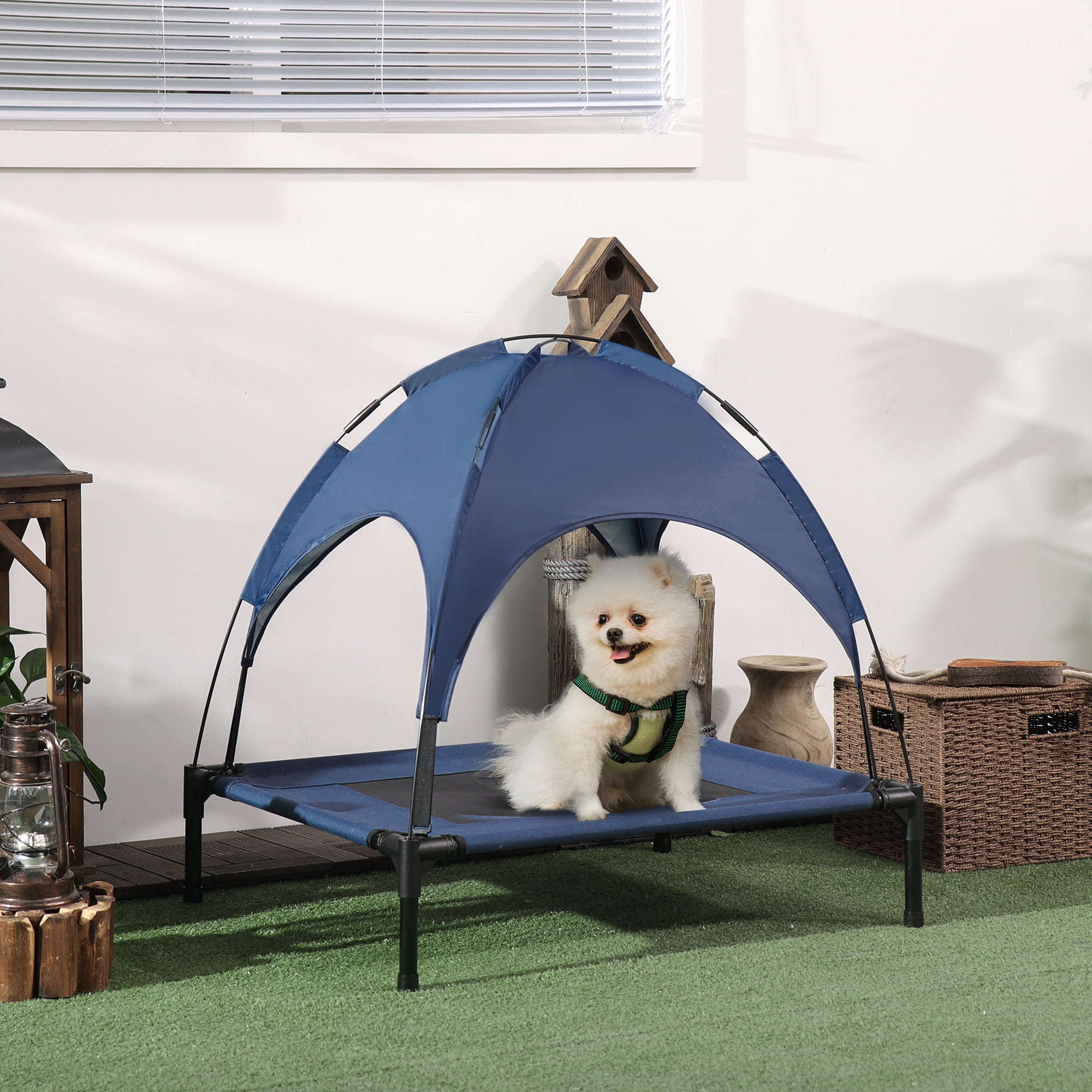 30 Inch Elevated Dog Cot with UV Protection Canopy, 7" Raised Breathable Mesh Pet Bed, Powder-Coated Steel Frame, Portable Outdoor Dog Bed with Travel Bag for Medium Dogs Up to 44 lbs