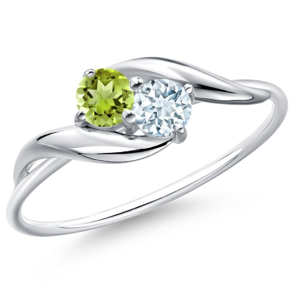 Gem Stone King 10K White Gold Round Green Peridot and Sky Blue Aquamarine Ring for Women (0.38 Cttw, Round 3.5MM, Gemstone August Birthstone, Size 8)