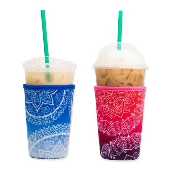 Baxendale and Co 2-Pack Medium (22-24oz) Reusable Neoprene Insulator Sleeve for Iced Coffee or Cold Beverage Cups (Blue & Pink Mandala)