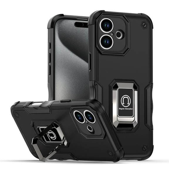 Feishell for iPhone 16 Cover with Metal Ring Folding Kickstand,Drop Protection Magnetic Car Mount Shockproof Durable Dual Layer Hybrid Rugged Protective Phone Case,Black