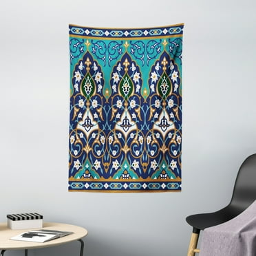 Moroccan Tapestry, Ottoman Folkloric Art Inspired Abstract Aged Middle Age Renaissance Artful Print, Wall Hanging for Bedroom Living Room Dorm Decor, 40W X 60L Inches, Navy Blue, by Ambesonne