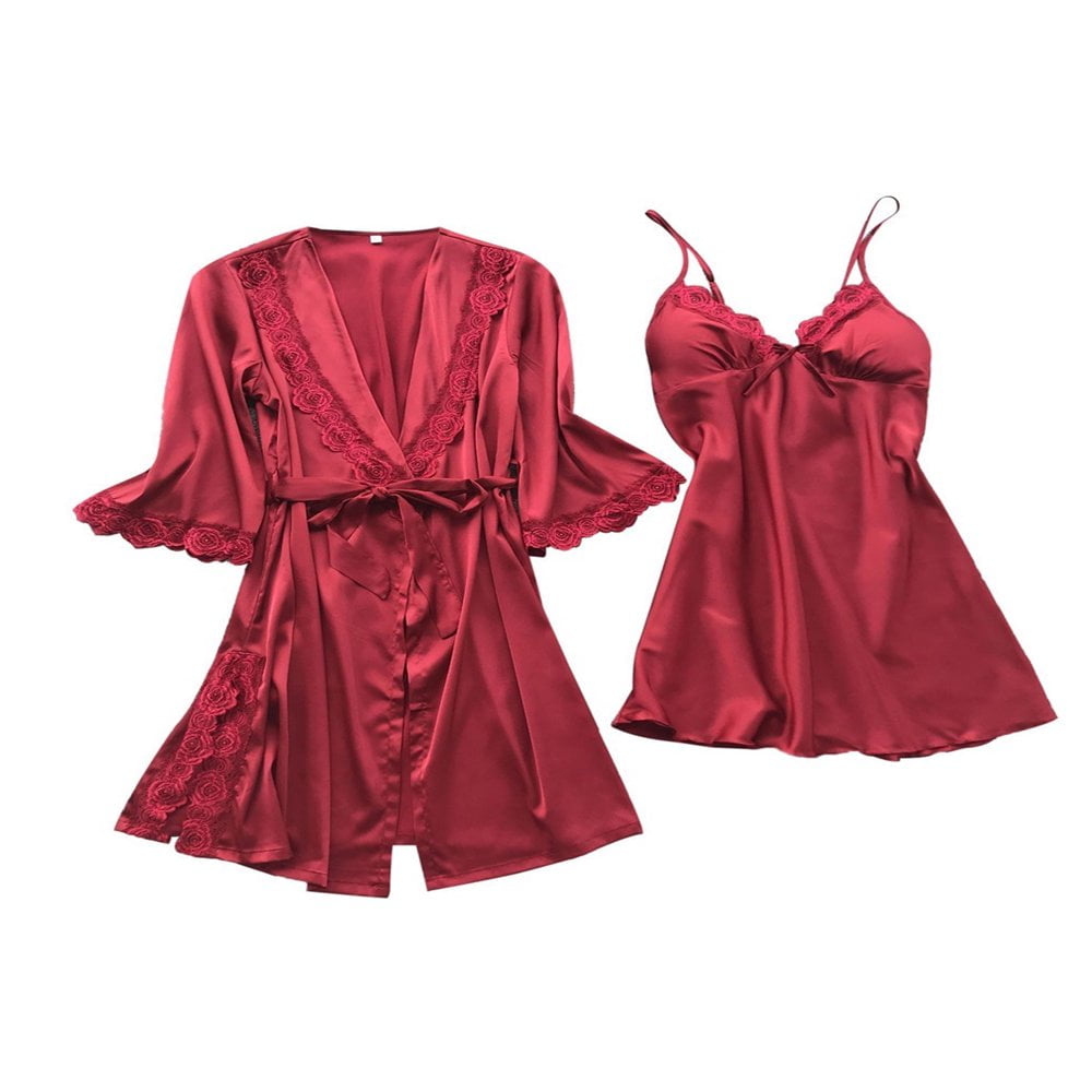 Women s 3Pcs Silk Satin Lingerie Set Robe and Dress and G String Nightie Gown Sets Sleepwear Pyjamas Walmart