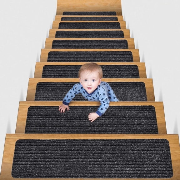 15 Pack Gijjgole Edging Stair Treads Non-Slip Carpet Mat 30inX8in Indoor Stair Runners for Wooden Steps, Edging Stair Rugs for Kids and Dogs, 100% Polyester TPE Backing, Black