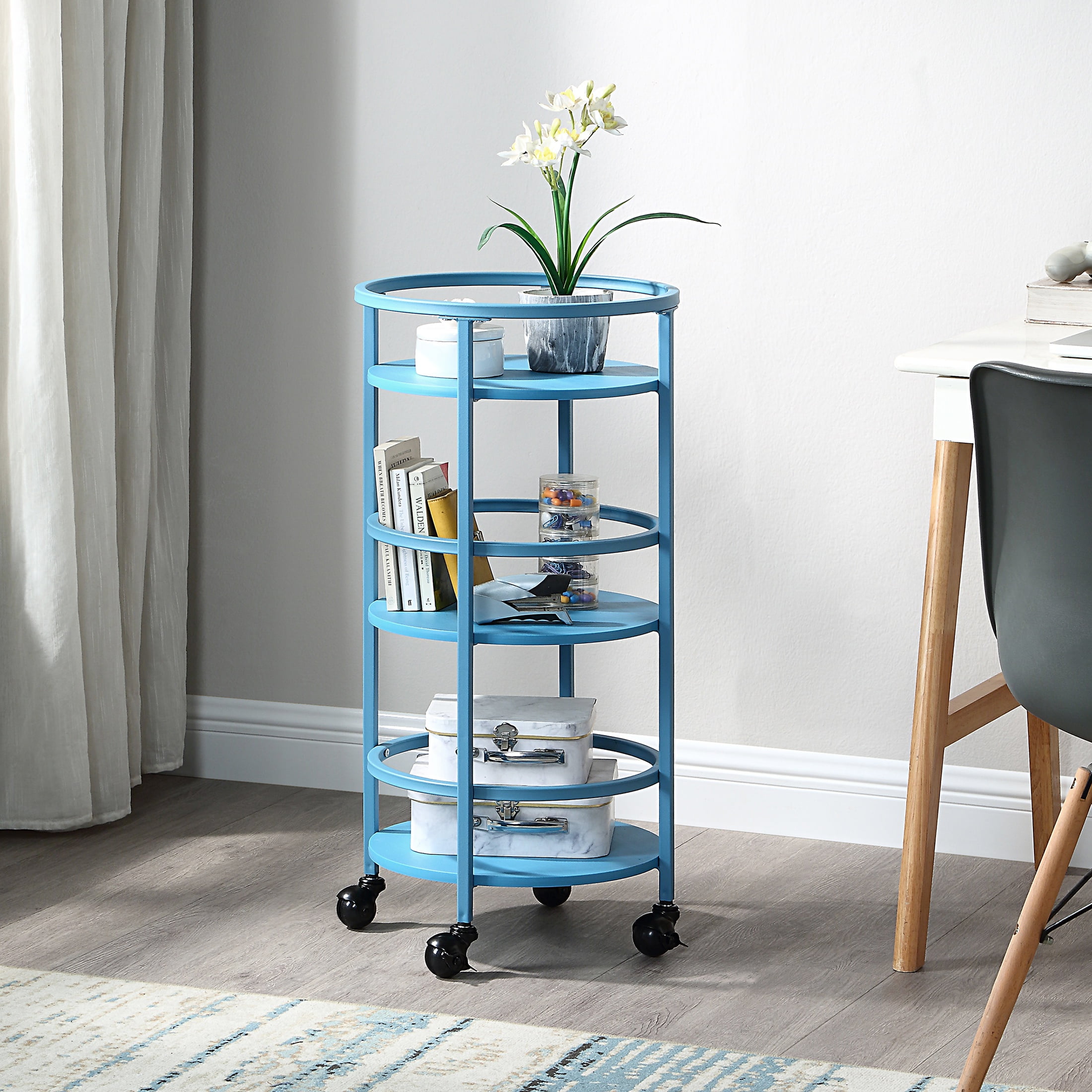 Mainstays 32" 3-Tier Rolling Round Kitchen Bar Storage Cart, Blue
