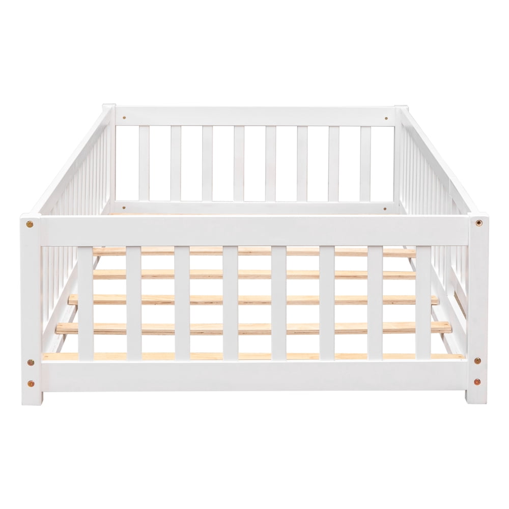 Twin Size Floor Bed Frame, Wood Montessori Bed Frame with Fence and Door, No Box Spring Needed, White