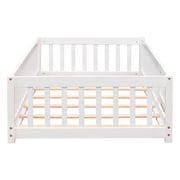 Twin Size Floor Bed Frame, Wood Montessori Bed Frame with Fence and Door, No Box Spring Needed, White