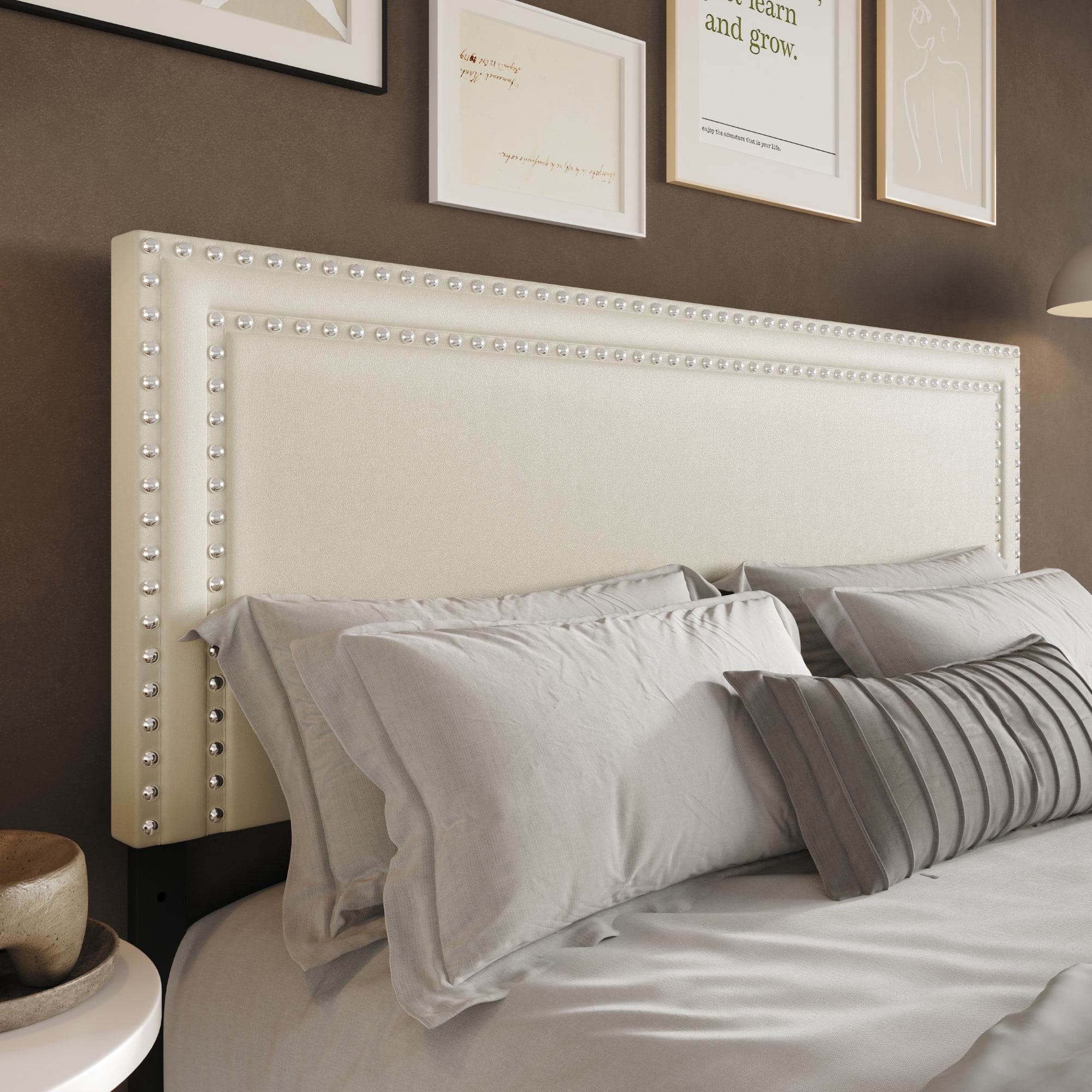 Home Design Sarasota Twin Upholstered Headboard with Double Nailhead Trim and Foam Padding, Cream, Easy Assembly