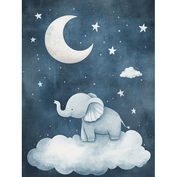 Cute Elephant on Cloud Moon and Stars Canvas Wall Art, Perfect for Bedroom, Living Room, Nursery, Kids Room, and Playroom Decoration.