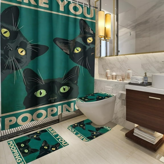 4PCS Victorian Cat Shower Curtain Sets,Black Cat Art Bathroom Sets with Shower Curtain,Toilet Lid Cover,Non Slip Bath Mat,Waterproof Shower Curtain with 12 Hooks Vintage Bathroom Sets Decor