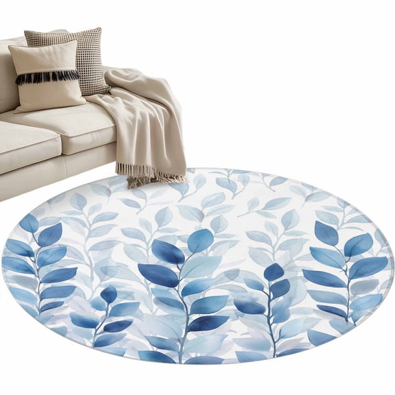 Blue Leaf Round Area Rug 3 FT, Small Kitchen Bathroom Mat, Watercolor Country Plant Monochrome Branch Washable Indoor Outdoor Throw Runner Carpet Non-Shedding Doormat for Table Shower Sofa Entryway