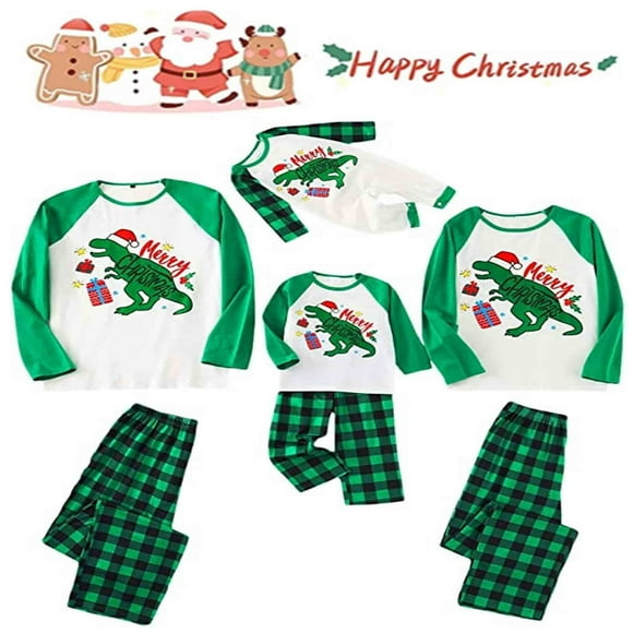 PENGXIANG Christmas Pajamas for Family Matching Pjs Sets Cartoon Dinosaur Print Tops + Plaid Pants  Pjs Sleepwear for Women Men Kids