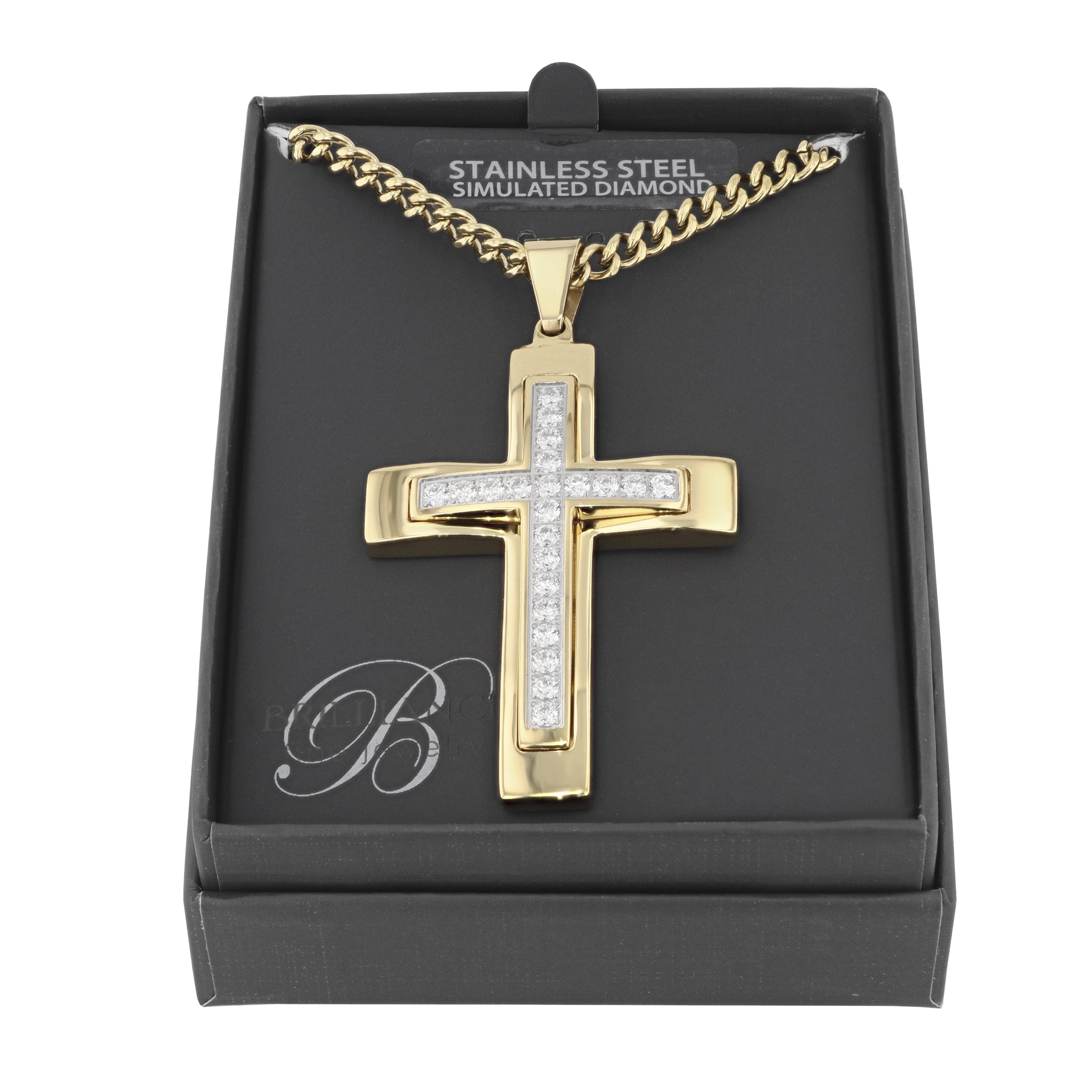 Men's Gold-Tone Stainless Steel Cubic Zirconia Cross Pendant 24" Necklace