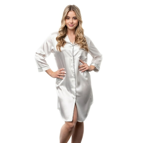 Modern Womens Nightshirt with Front Pocket, Satin Sleepwear, Long w 3/4 Sleeve, XS-4XL (White, XS)