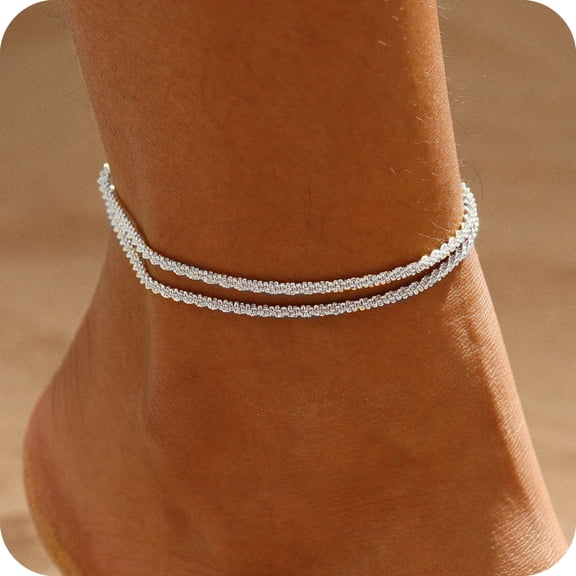GOSFRY Silver Plated Ankle Bracelets for Women Waterproof Sparkly Chain Rhinestone Set Stackable Layered Beach Jewelry Gifts