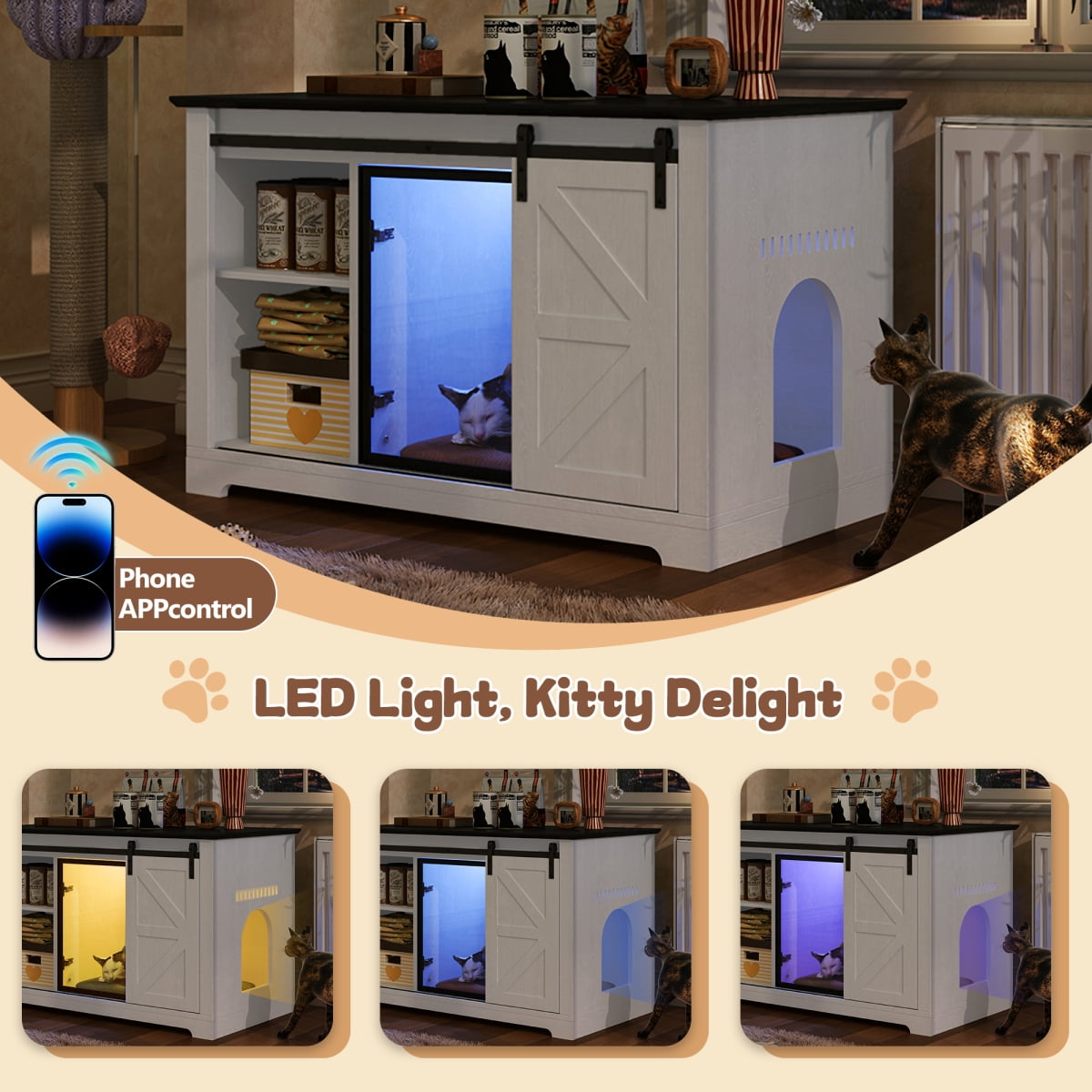 46 Farmhouse Cat Litter Box Enclosure with Sliding Barn Door Hidden Cat Cabinet with LED Light & Storage Cat Washroom Nightstand White