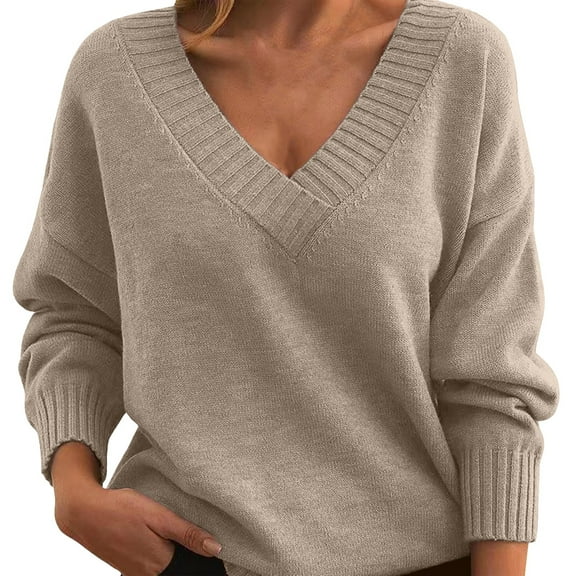 WTXUE Women's V Neck Long Sleeve Knit Loose Oversized Pullover Sweater Top Soft Business Casual Sweaters Tunic Sweaters Fall Outfits Comfy Plus Size Sweaters Beige 3Xl