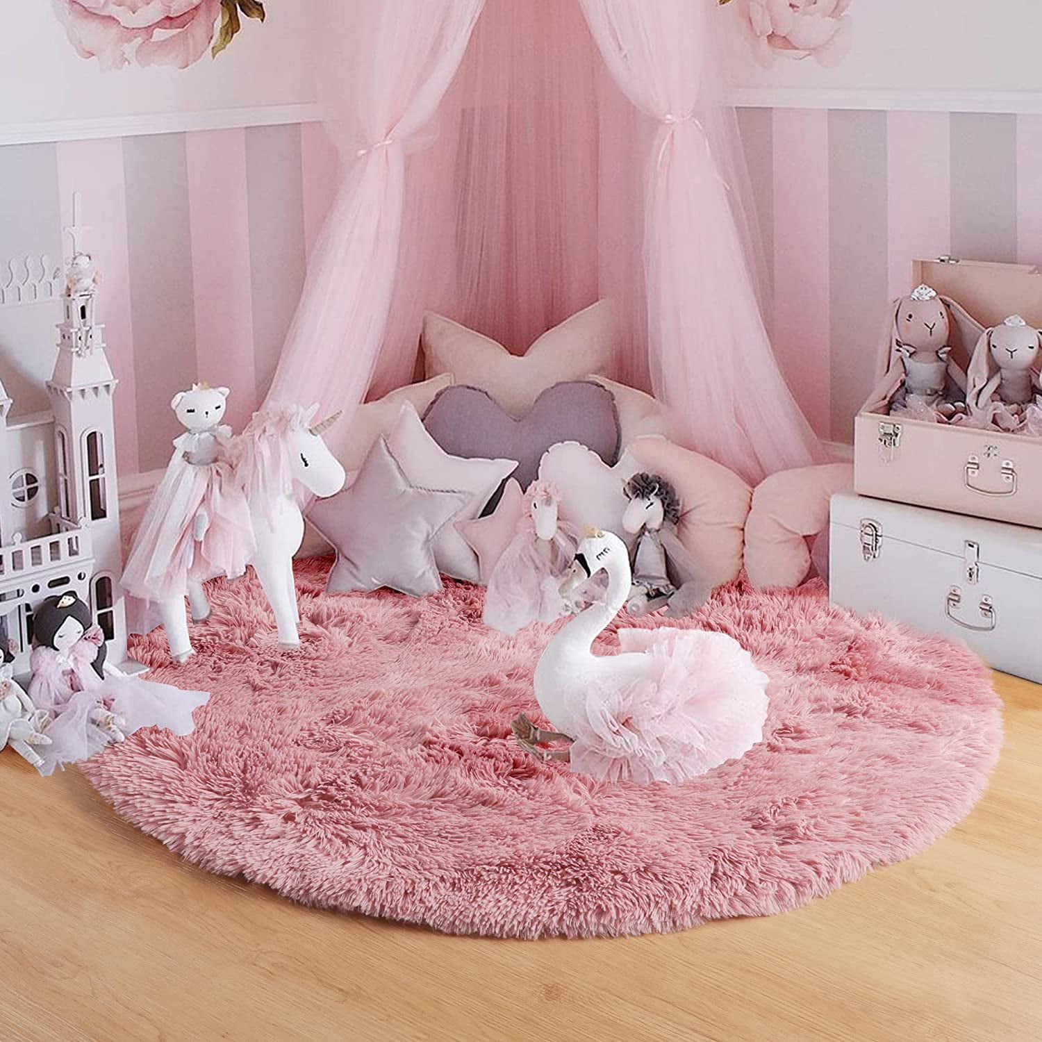 Junovo Round Fluffy Area Rugs For Kids Girls Princess Castle Plush Shaggy Carpet Cute Circle Nursery Rug For Kids Room Bedroom Living Room,4'x4',Blush