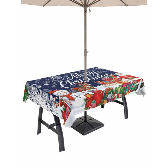 Outdoor Tablecloth with Umbrella Hole and Zipper, Navy Blue Christmas Rectangle Table Cloth 52x70 Inch Waterproof Tablecloth, Xmas Snowman Santa Elk Winter Snowflake Picnic Table Cover for Patio